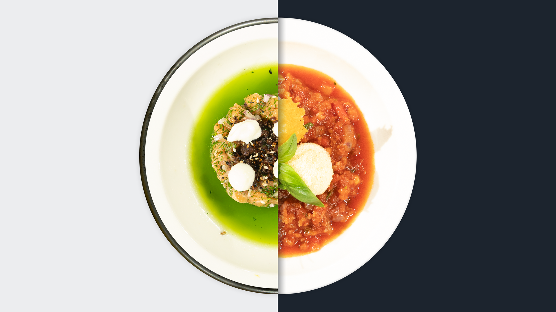 Lachstatar im Gurkensud vs. Ricotta-Gnudi