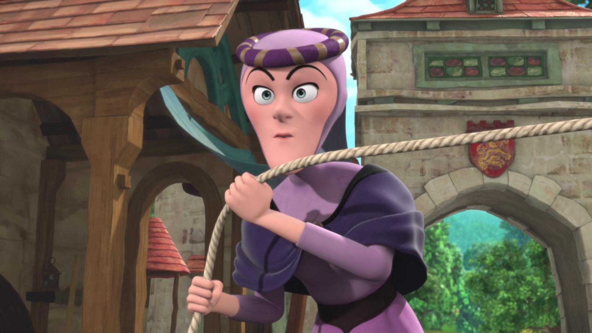 Lady Rohesia steht im Dorf mit einem Seil in der Hand.