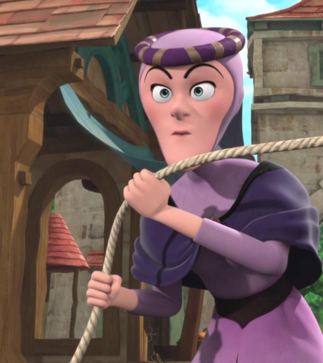 Lady Rohesia steht im Dorf mit einem Seil in der Hand.