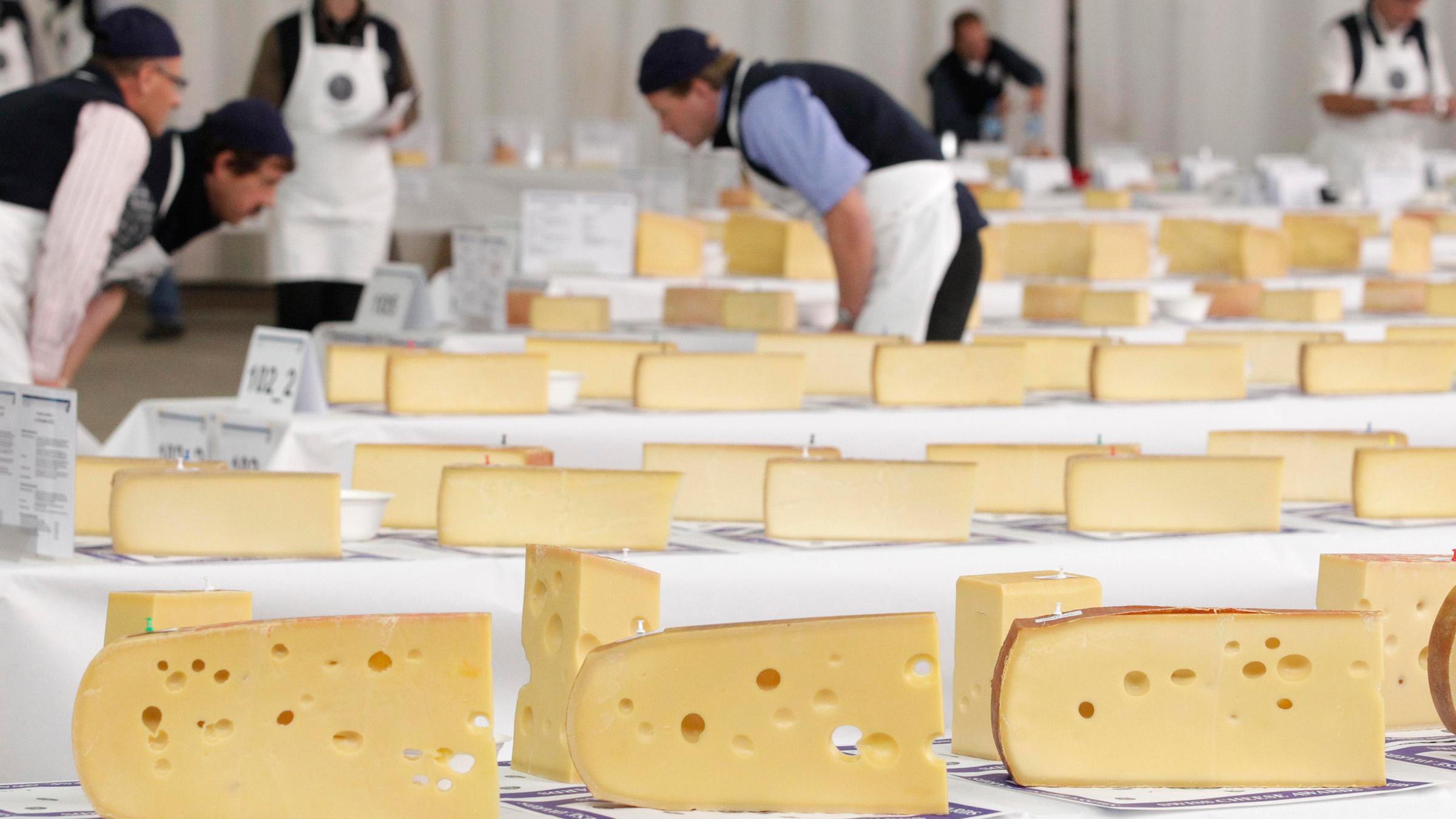 Verschiedene Käsestücke liegen auf einem Tisch. 