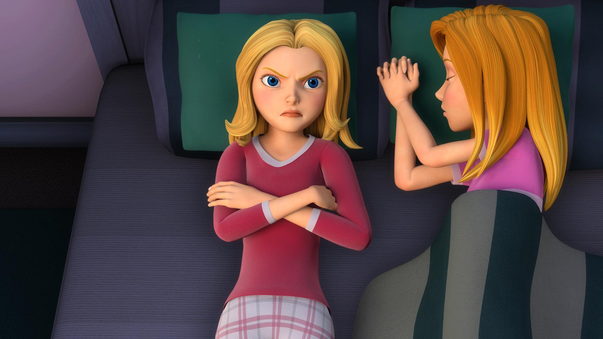 Wendy ist genervt, weil ihre Cousine mit in ihrem Bett liegt.