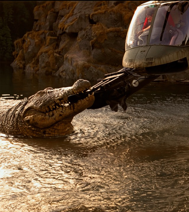 Ein Krokodil im See beißt sich in dem Schwimmer eines Wasserflugzeugs fest, das knapp über der Wasseroberfläche schwebt.