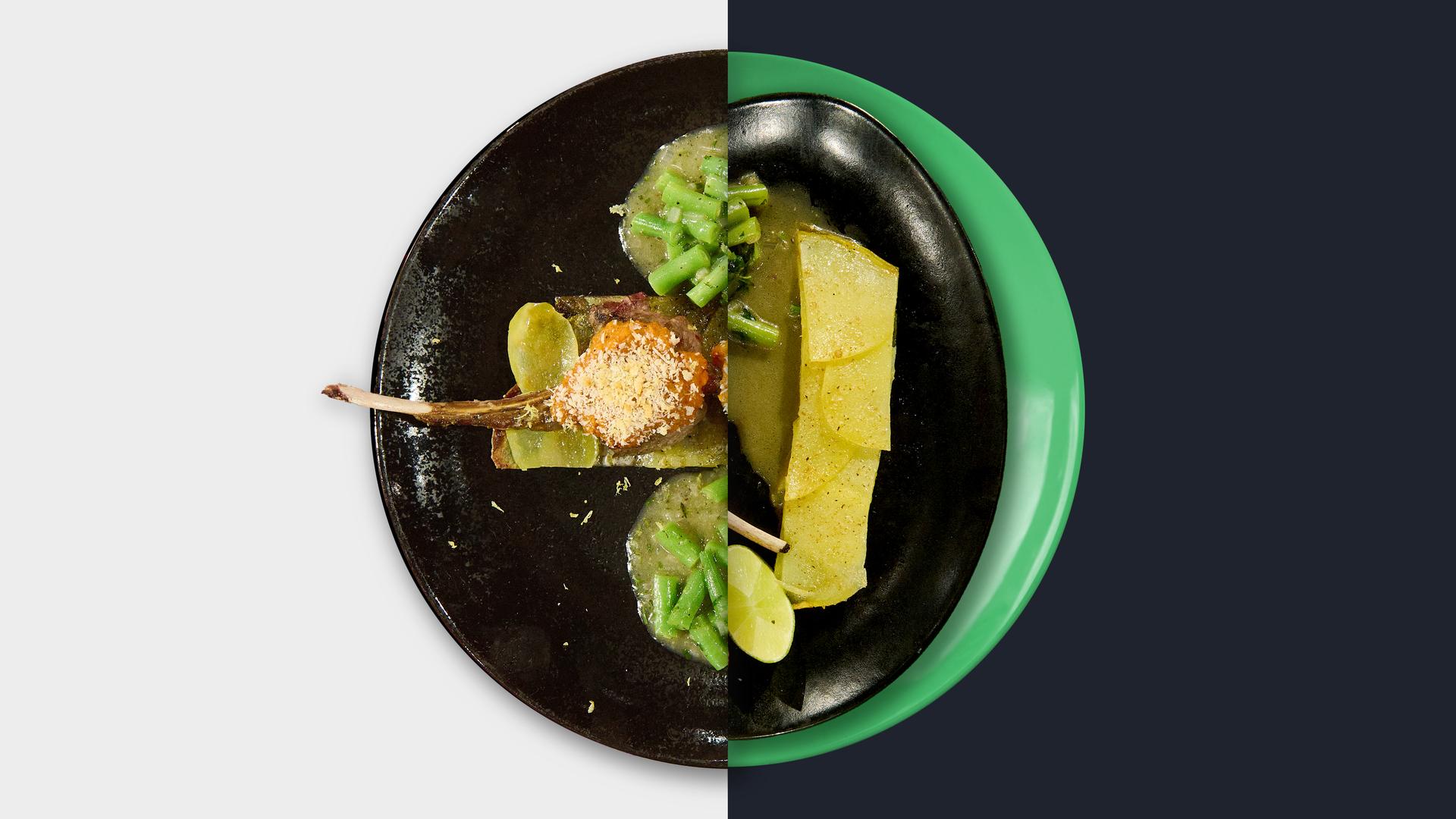 Lammkoteletts mit Paprikakruste, Schnippelbohnen und Pommes Anna