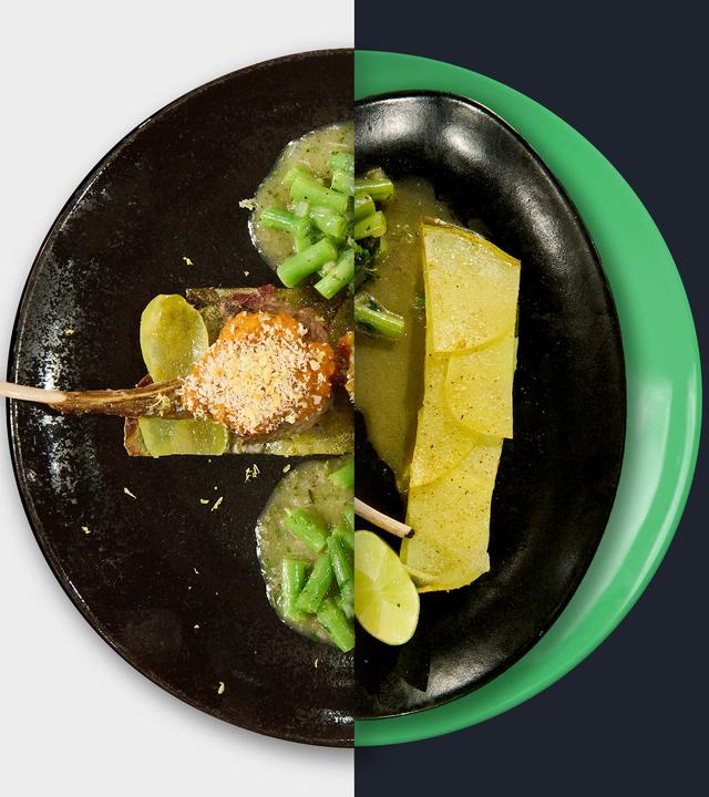 Lammkoteletts mit Paprikakruste, Schnippelbohnen und Pommes Anna