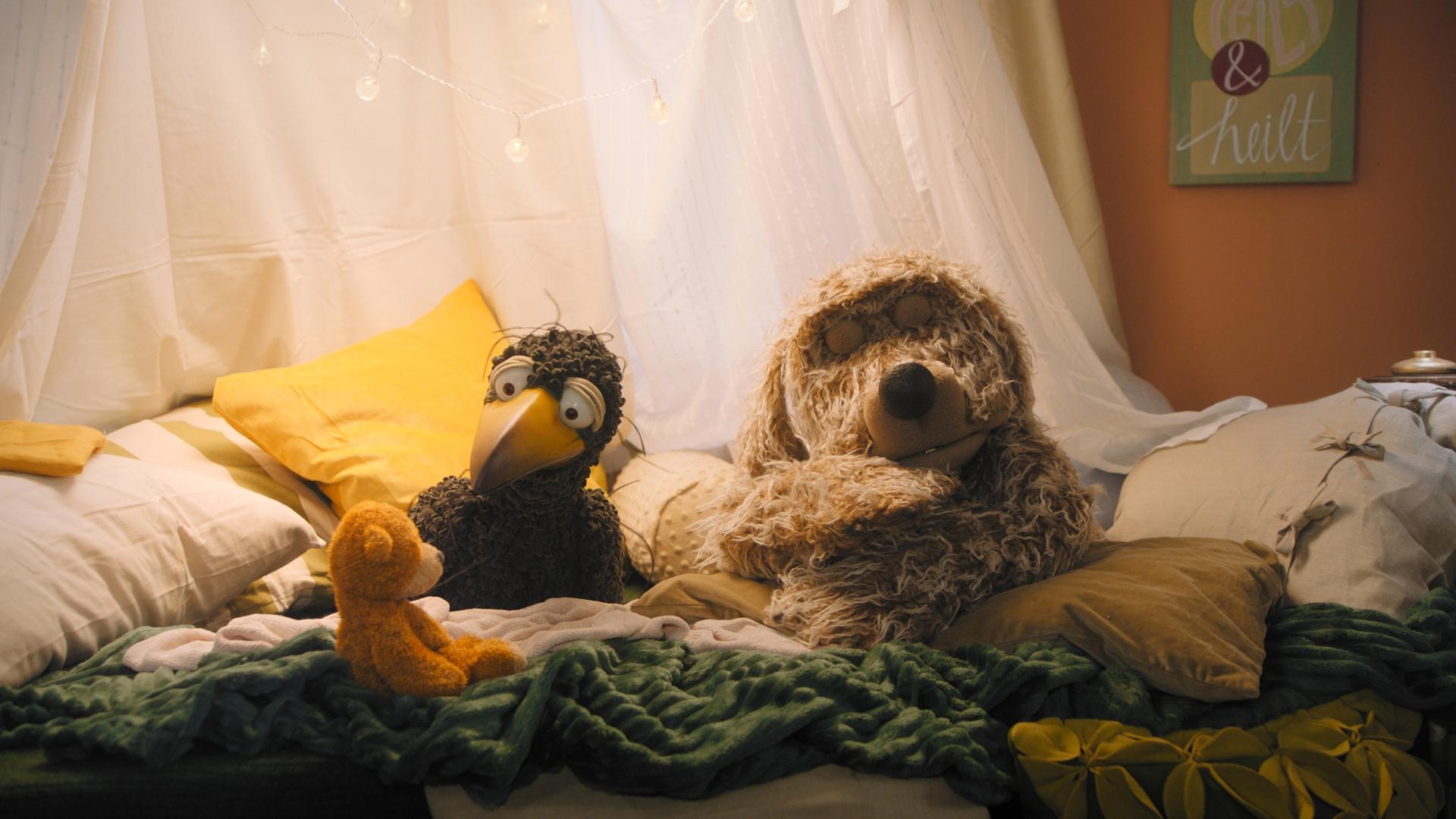 Rabe Rudi hockt in der gemütlichen Kuschelecke. Er schaut einen orangefarbenen Teddybären an. Rechts daneben schläft Hund Buffo.