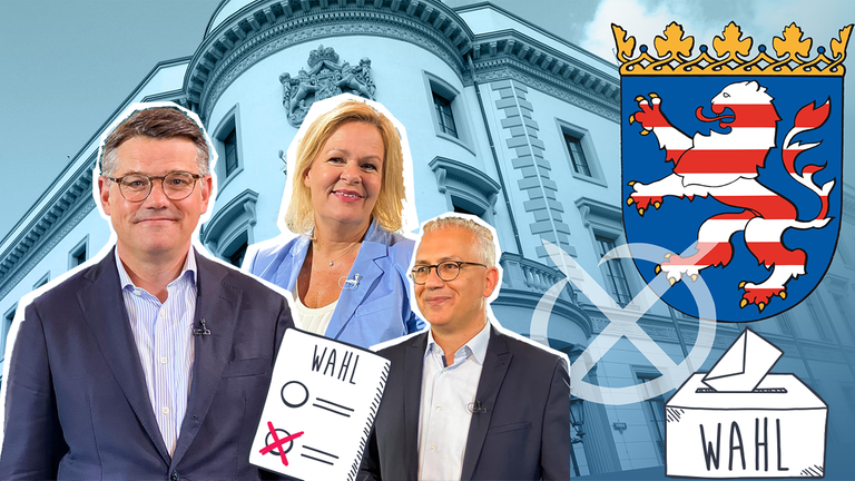 Der hessische Landtag mit Kandidaten und Wahlgrafiken
