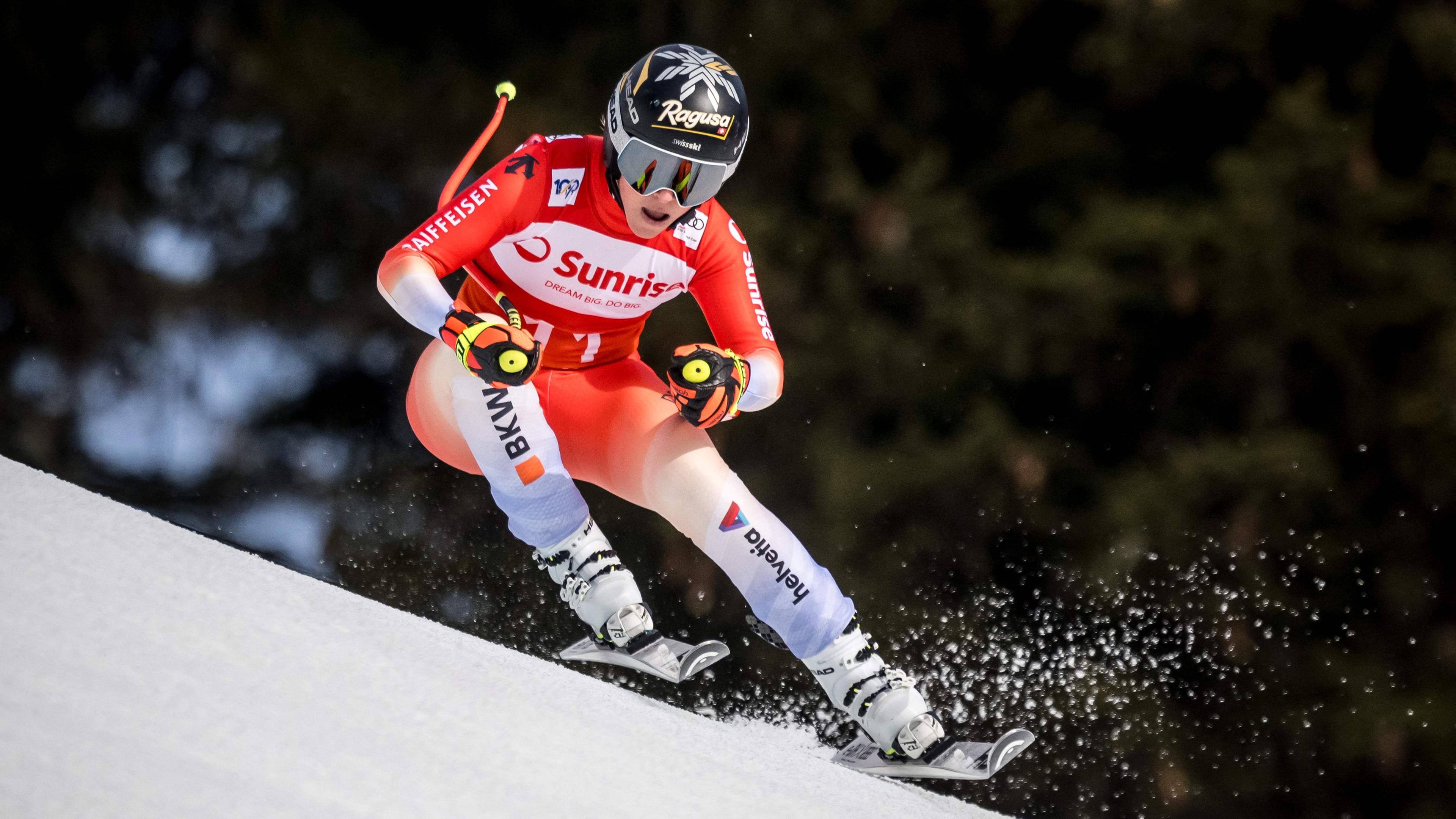 Lara Gut-Behrami bei der Abfahrt der Damen beim FIS Alpinen Skiweltcup in Crans-Montana, Schweiz, am 16.02.2024.