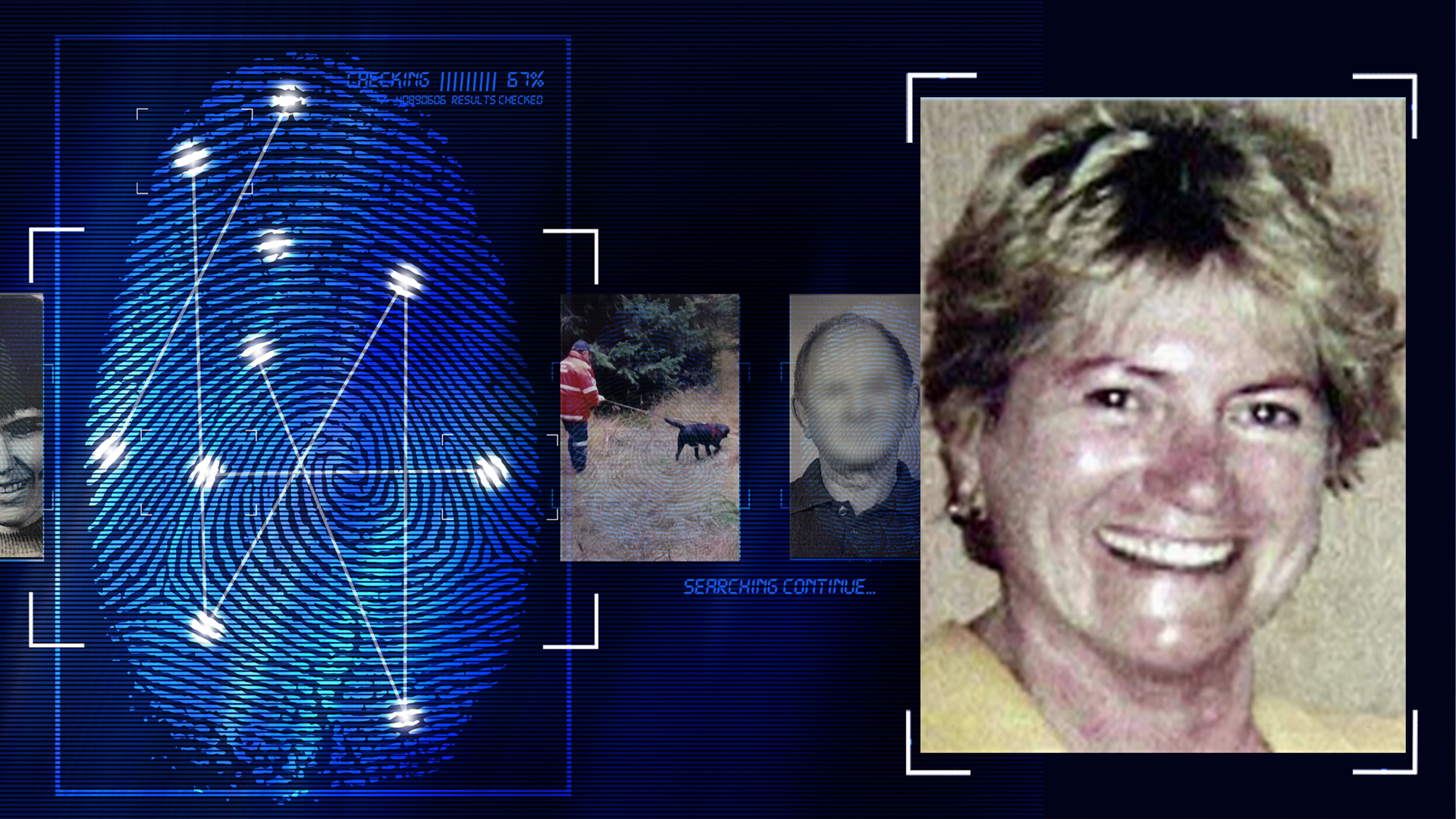 Portraitfoto einer Frau, ca. 45 Jahre alt. Sie trägt ein gelbes Oberteil, kurze hellblone Haare mit dunklem Haaransatz. Bildhintergrund beige Fläche. Links daneben: Lichtschematische Darstellung eines Fingerabdrucks.