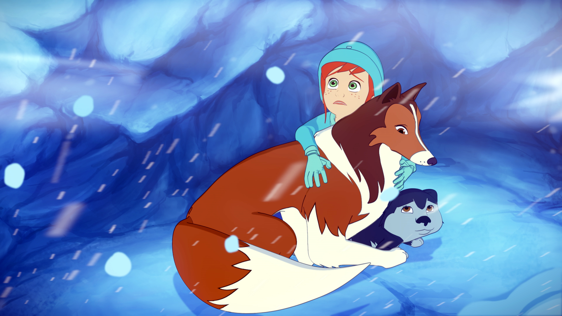 Lassie, Zoé und ein Wolfsjunges kauern sich inmitten eines Schneesturms zusammen.