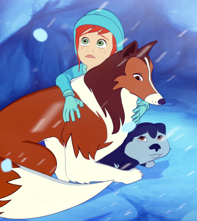Lassie, Zoé und ein Wolfsjunges kauern sich inmitten eines Schneesturms zusammen.