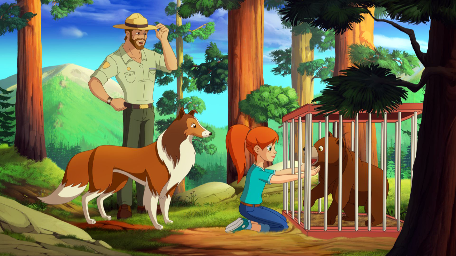 Zoé kniet vor dem Käfig, in welchem sich der Bär befindet. Lassie steht hinter ihr.