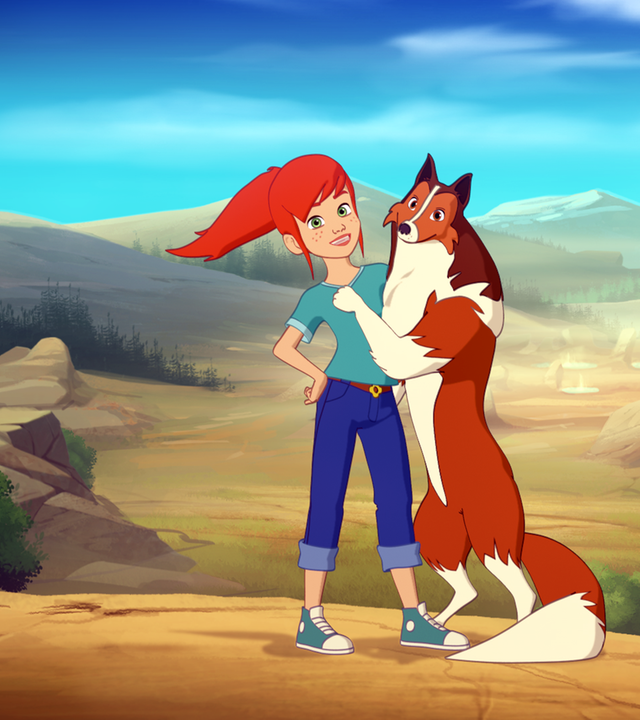 Zoé und Lassie posieren vor einer Wüstenlandschaft für ein Foto.