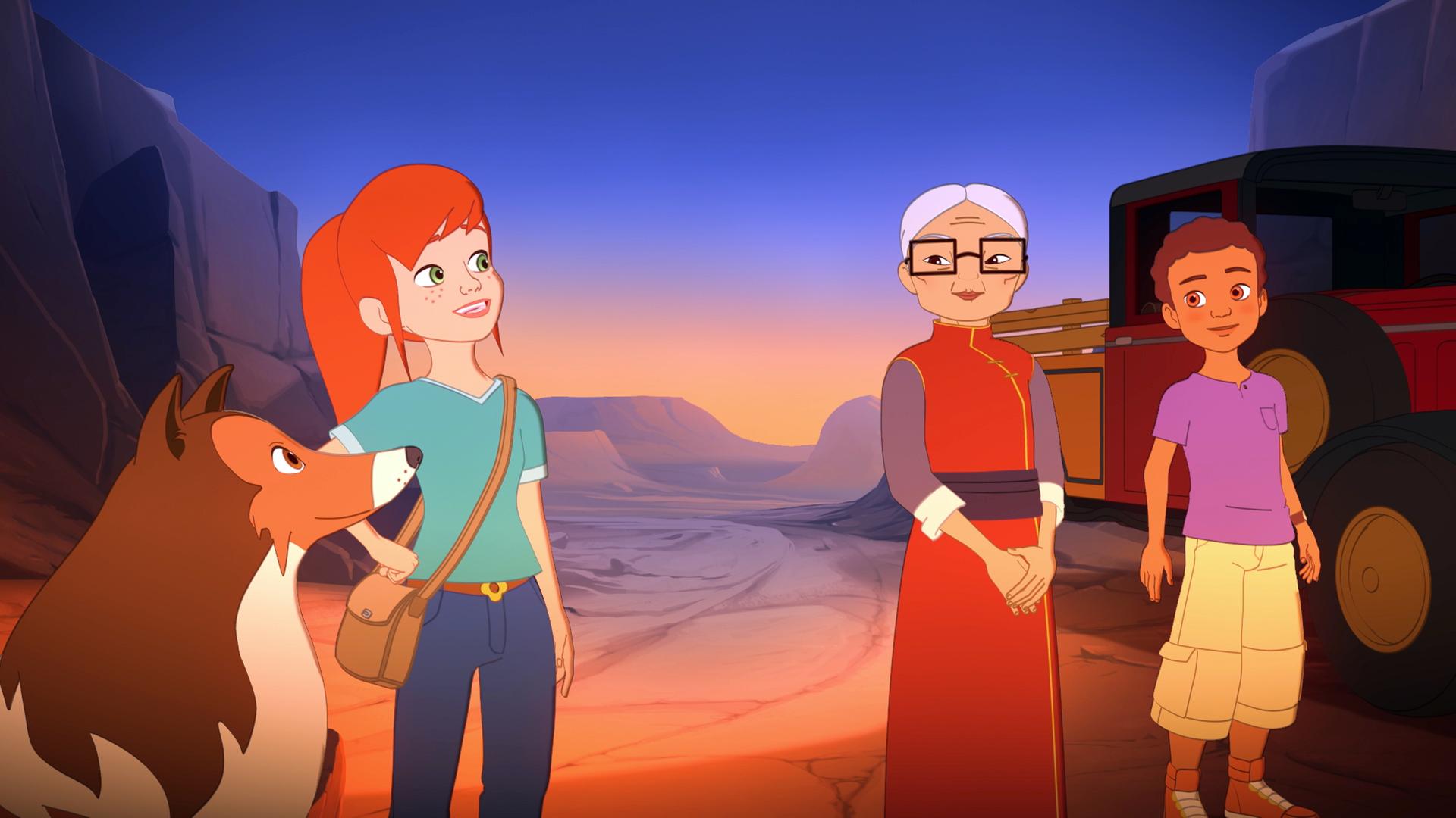 Lassie, Zoé, Mrs. Lee und Harvey stehen zufrieden lächelnd bei Sonnenuntergang in einer bergigen Landschaft.