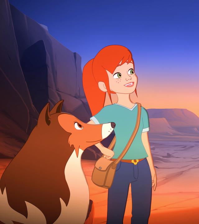 Lassie, Zoé, Mrs. Lee und Harvey stehen zufrieden lächelnd bei Sonnenuntergang in einer bergigen Landschaft.