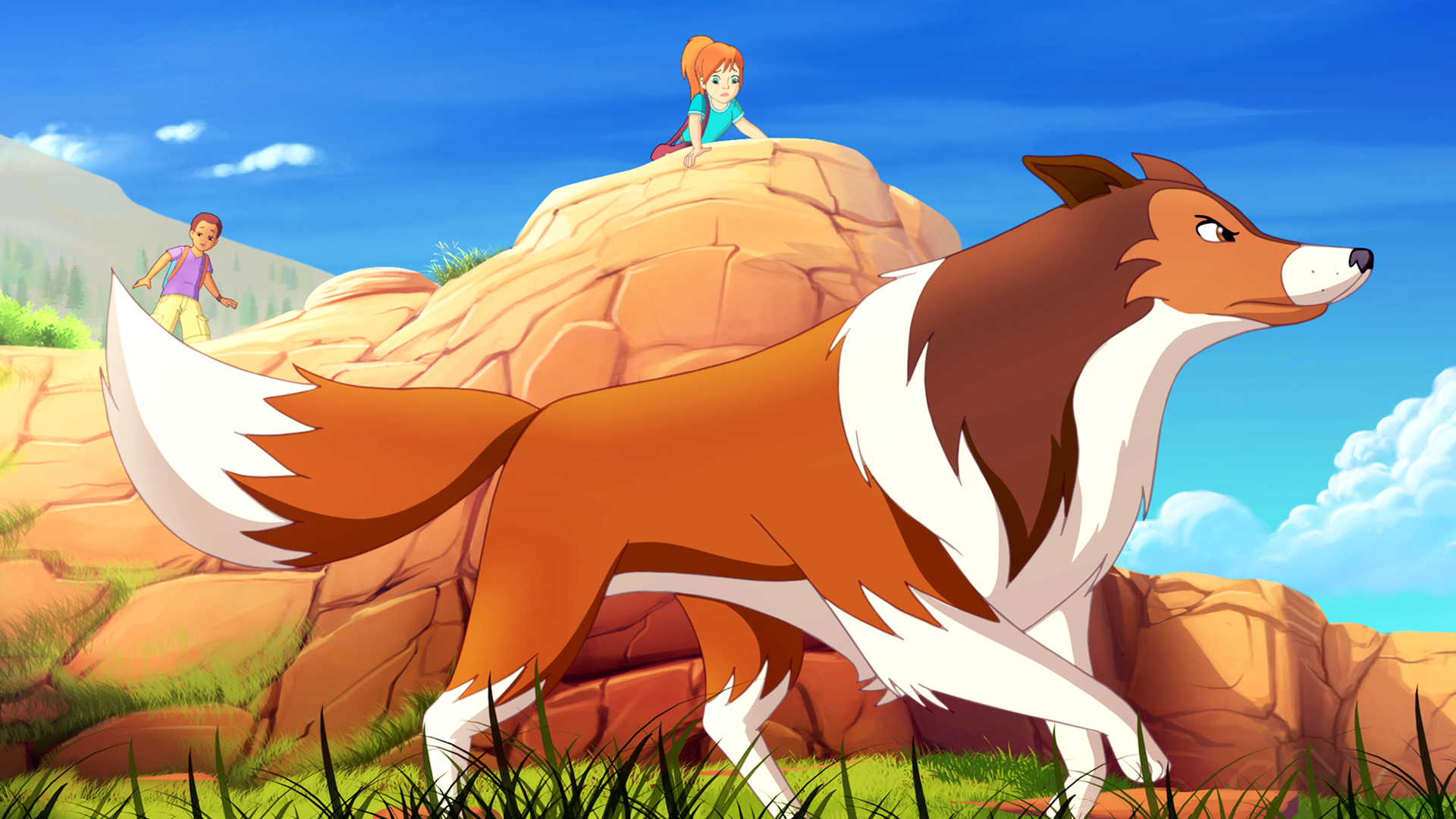 Lassie blickt zielgerichtet und angespannt nach vorne. Hinter ihr stehen Zoé und Harvey auf einem Felsvorsprung.