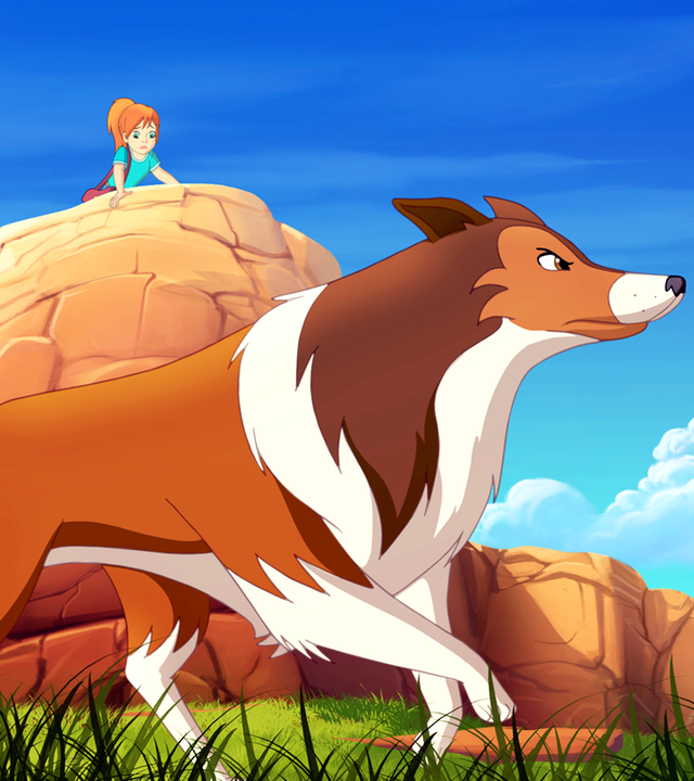 Lassie (mitte) blickt zielgerichtet und angespannt nach vorne. Hinter ihr stehen Zoé (mitte) und Harvey (links) auf einem Felsvorsprung.