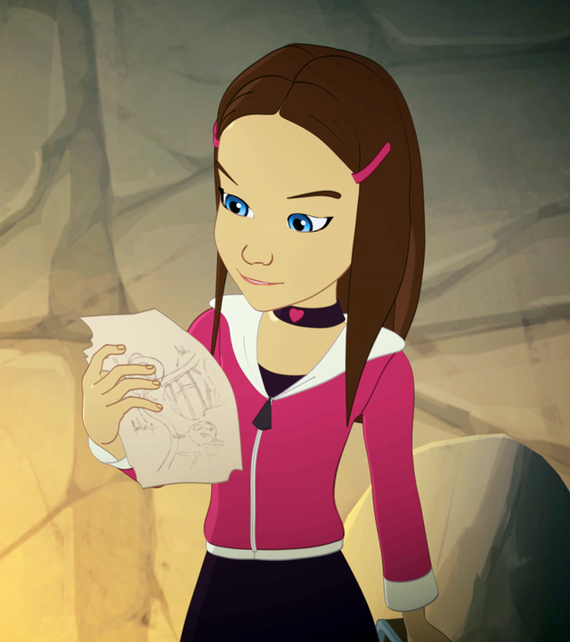 In einem Bergwerksstollen steht Zoé neben Samantha, die ein Blatt mit einer Zeichnung darauf in der Hand hält. 