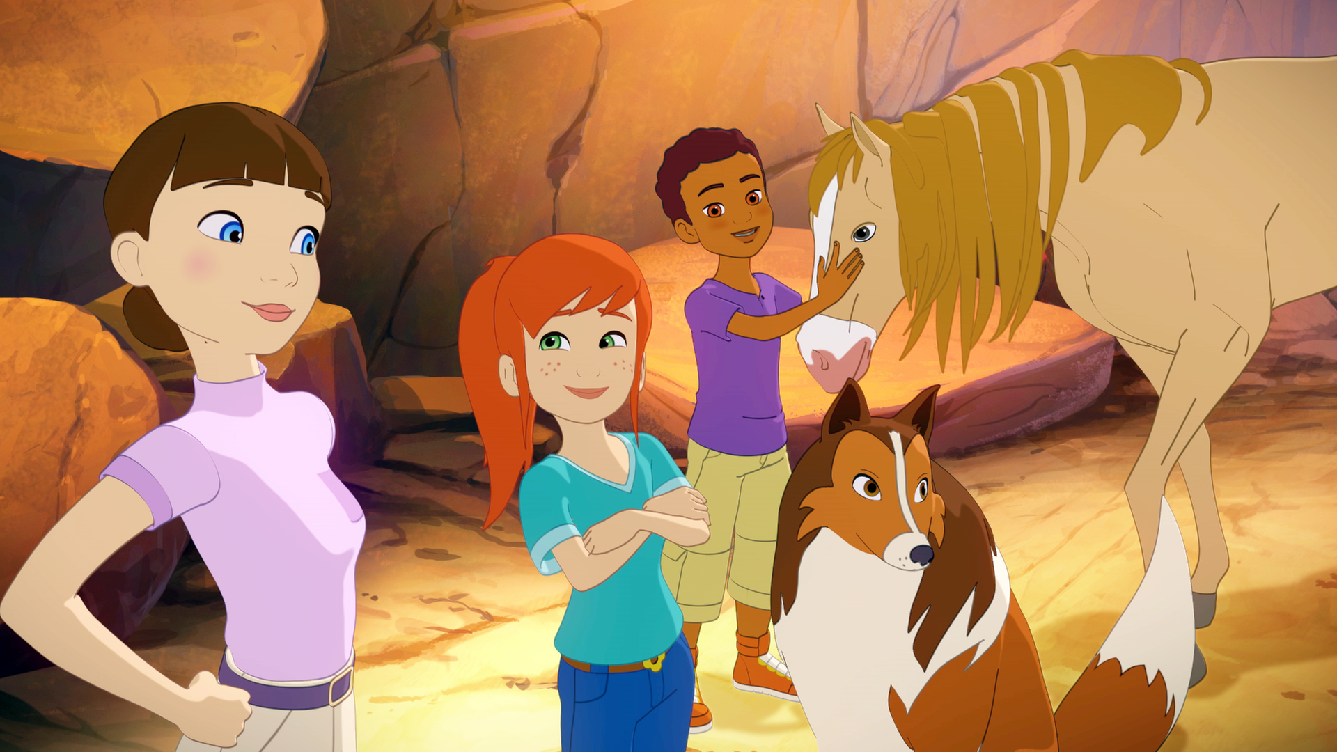 Zoé, Harvey und Lassie stehen zufrieden mit der Reiterin Carmen und ihrem Pferd zusammen.