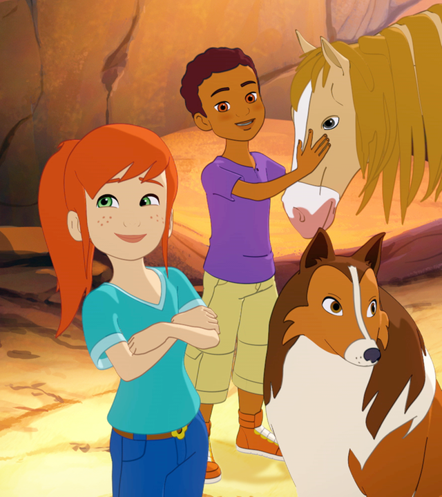 Zoé, Harvey und Lassie stehen zufrieden mit der Reiterin Carmen und ihrem Pferd zusammen.