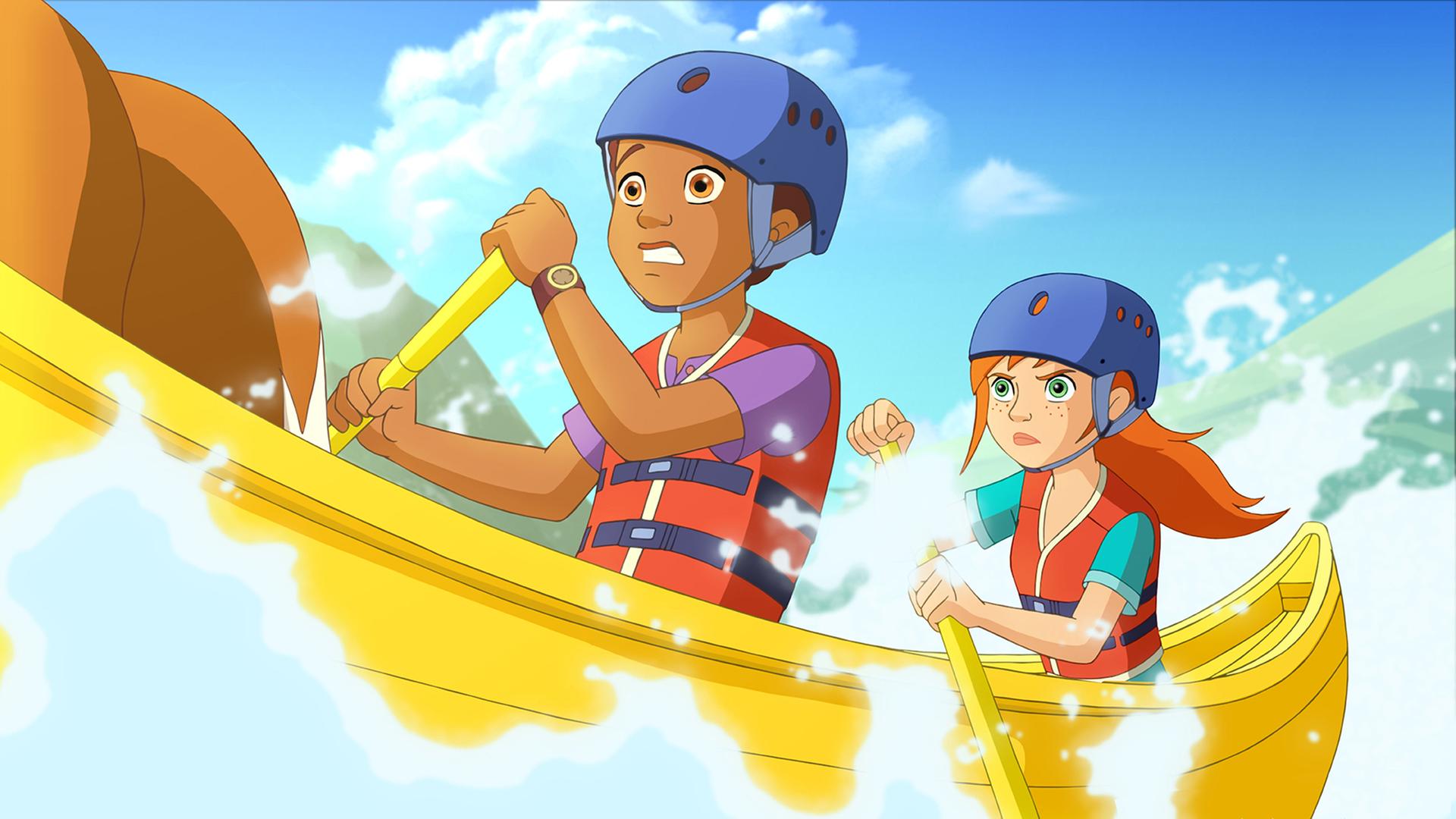 Zoé und Harvey sind in einem Kanu und trotzen dem reißendem Fluss.