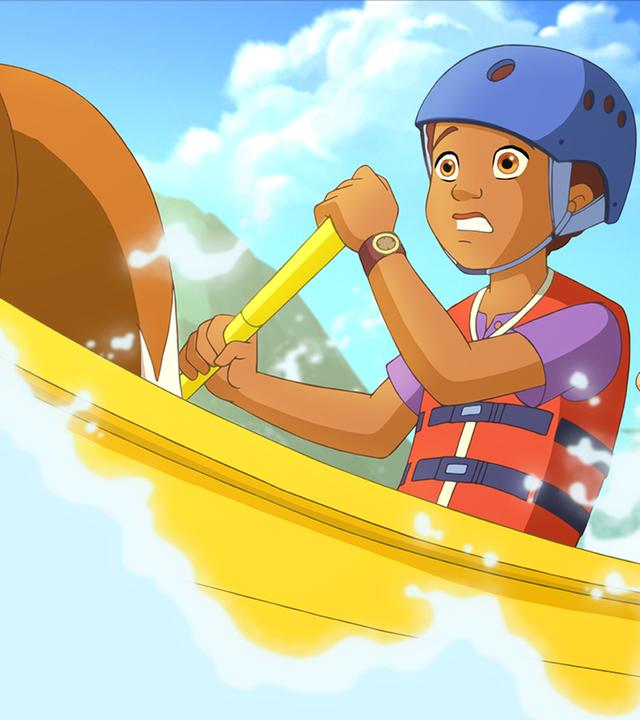 Zoé und Harvey sind in einem Kanu und trotzen dem reißendem Fluss.