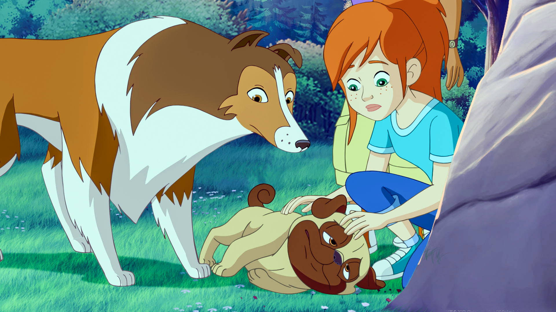 Zoé (rechts) und Lassie (links) finden den kranken Mops (mitte). Er liegt zwischen den beiden und verdreht die Augen. Ihm ist sichtlich schlecht.