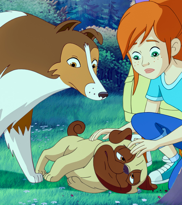 Zoé (rechts) und Lassie (links) finden den kranken Mops (mitte). Er liegt zwischen den beiden und verdreht die Augen. Ihm ist sichtlich schlecht.