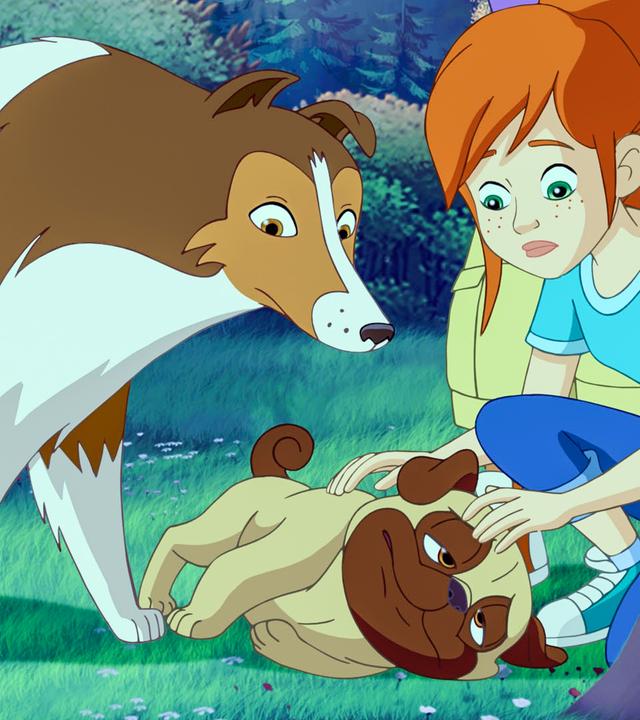 Zoé und Lassie finden den kranken Mops. Er liegt zwischen den beiden und verdreht die Augen. Ihm ist sichtlich schlecht.