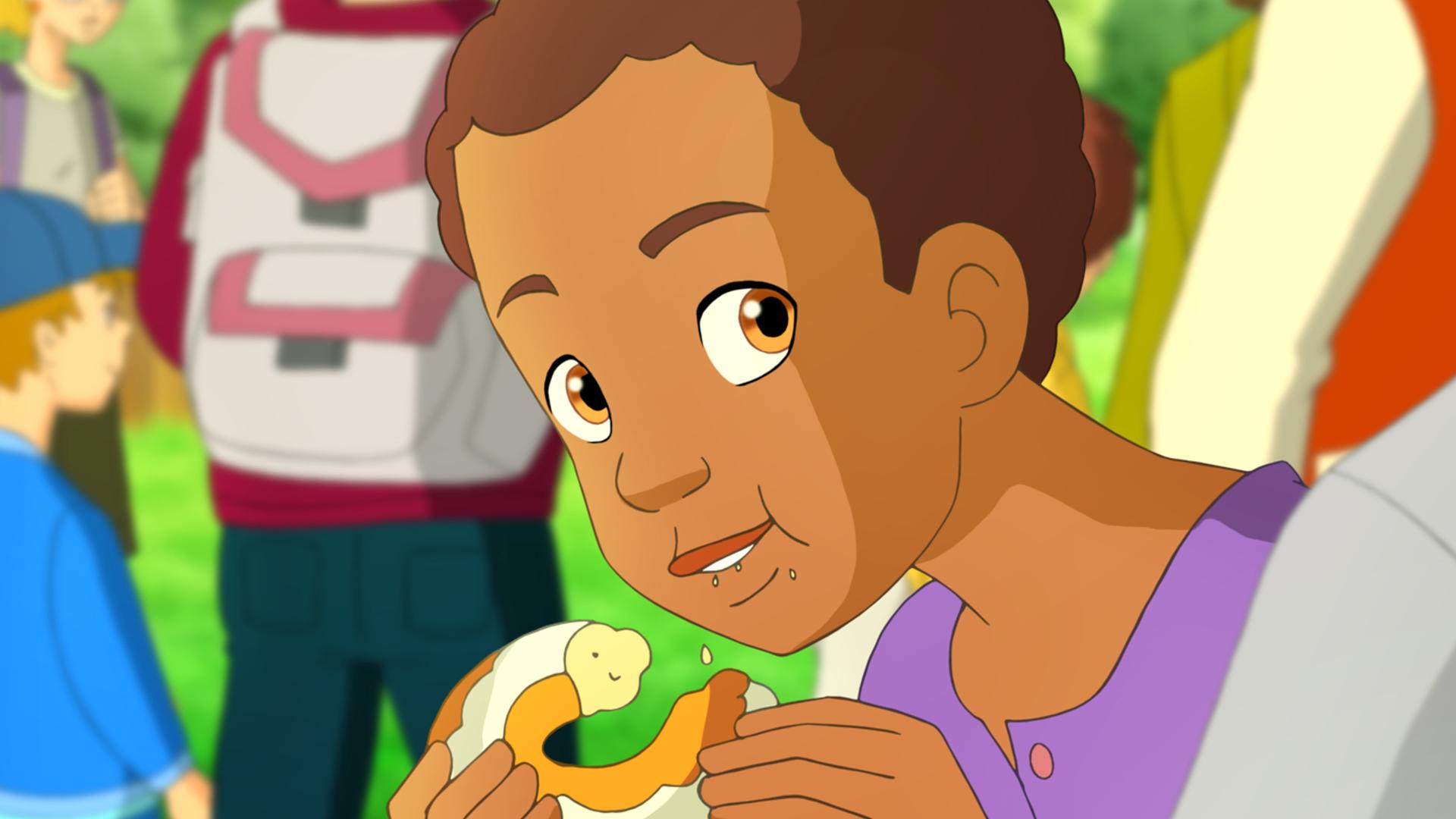 Harvey isst einen Donut und schaut sich die Menschen im Park an.