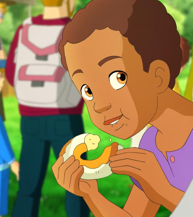 Harvey isst einen Donut und schaut sich die Menschen im Park an.