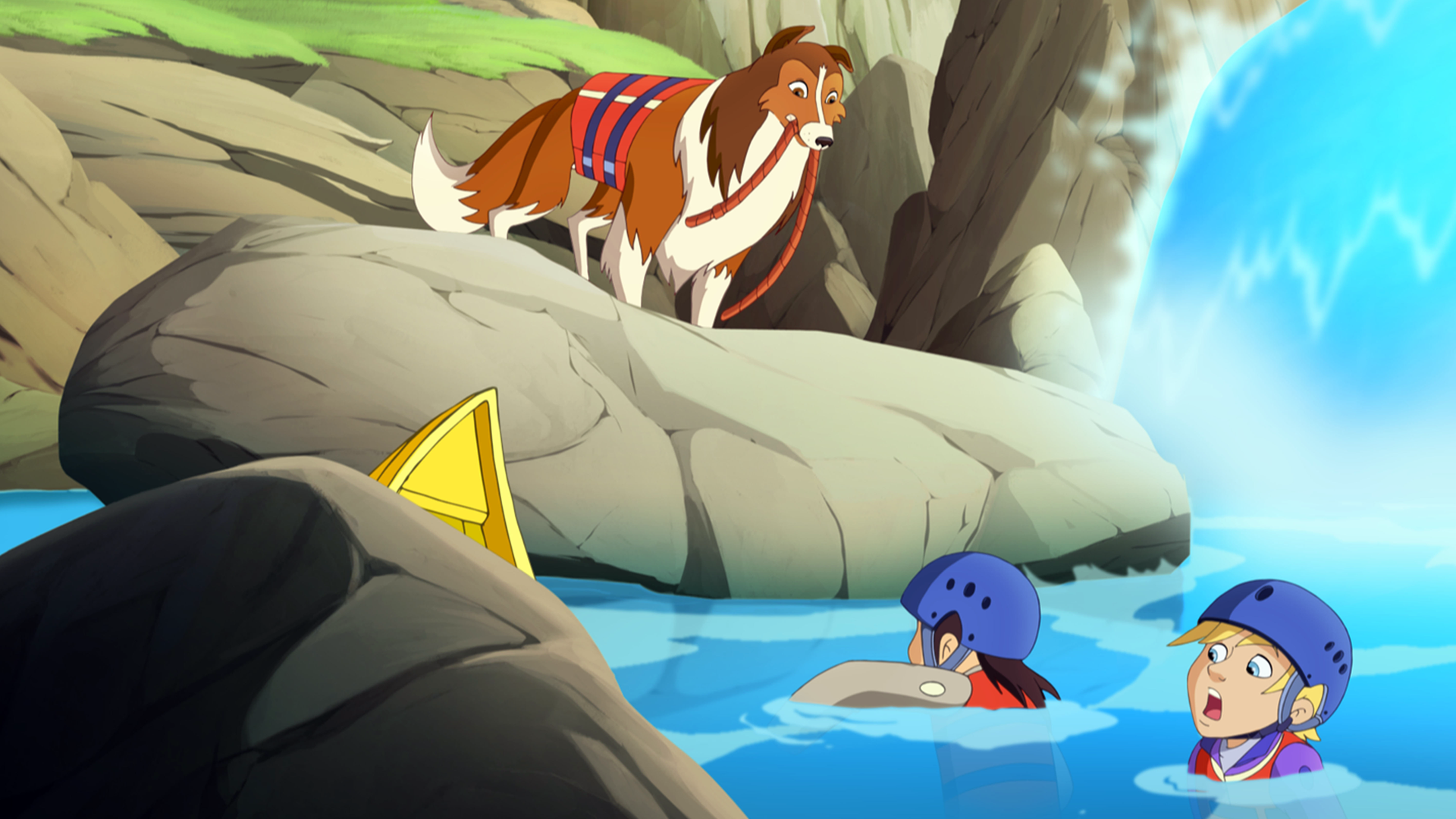 Die Kinder sind mit ihrem Kanu gekentert. Lassie steht mit einem Seil im Maul am Ufer und versucht, die beiden Kinder zu retten.