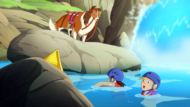 Die Kinder sind mit ihrem Kanu gekentert. Lassie steht mit einem Seil im Maul am Ufer und versucht, die beiden Kinder zu retten.