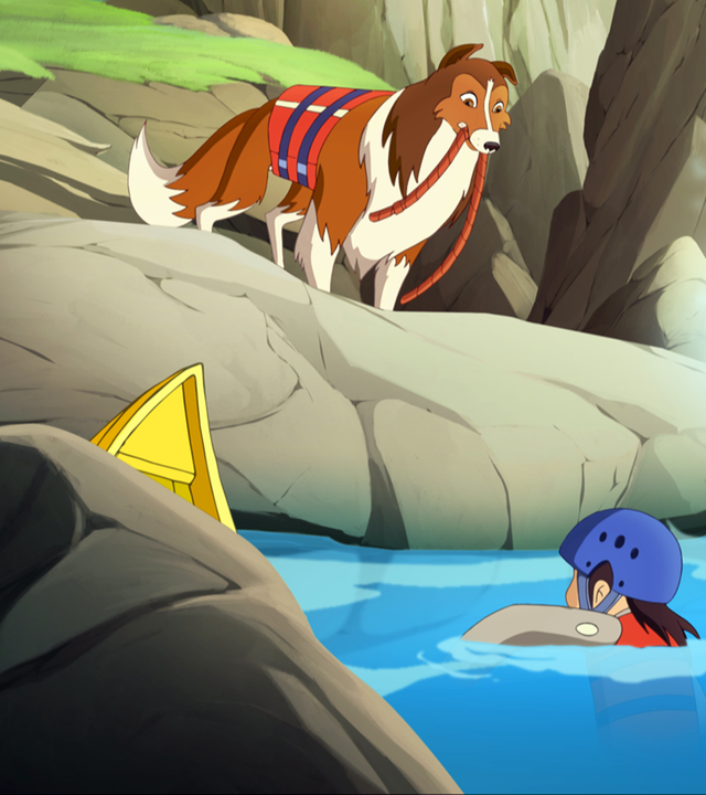 Die Kinder sind mit ihrem Kanu gekentert. Lassie steht mit einem Seil im Maul am Ufer und versucht, die beiden Kinder zu retten.