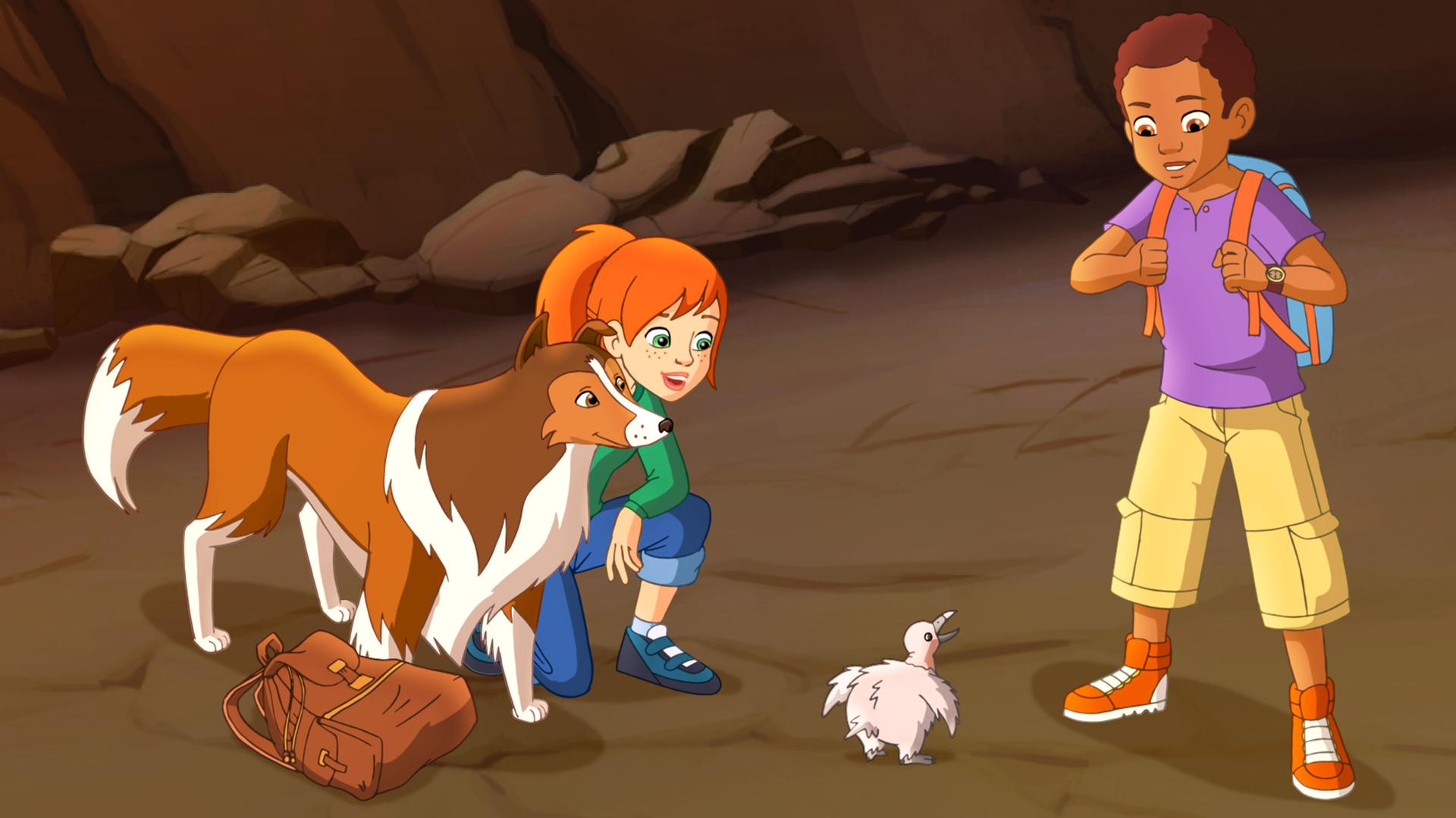 Lassie, Zoé und Harvey stehen rund um das Kondorjunge.