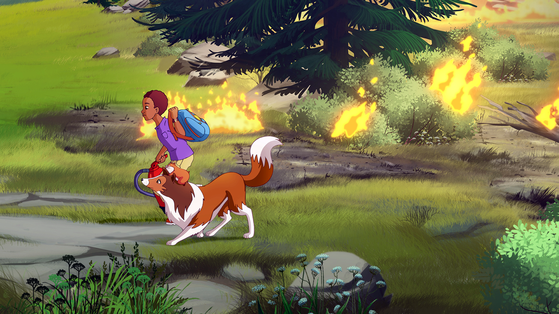 Lassie und Harvey rennen vor dem Feuer weg.
