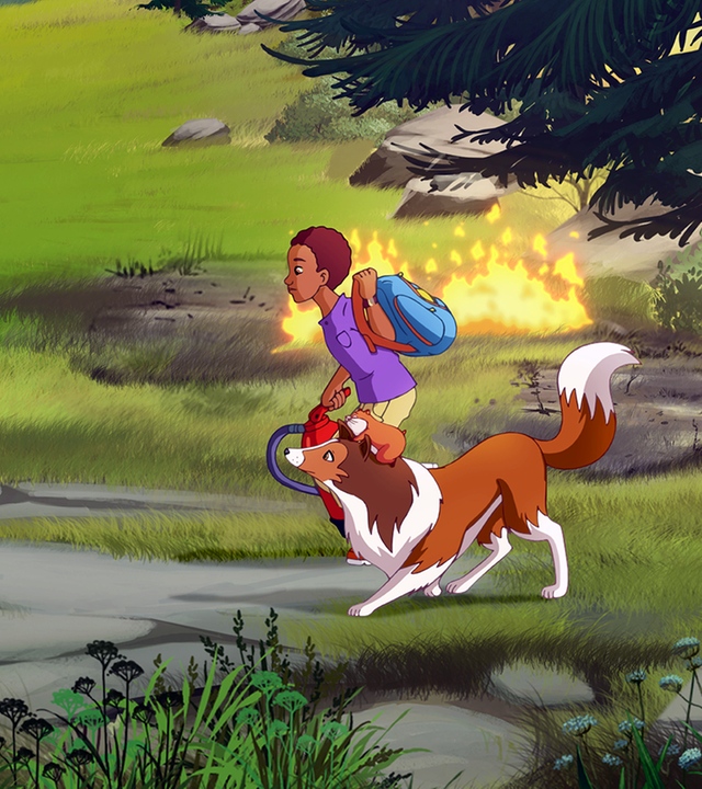 Lassie und Harvey rennen vor dem Feuer weg.