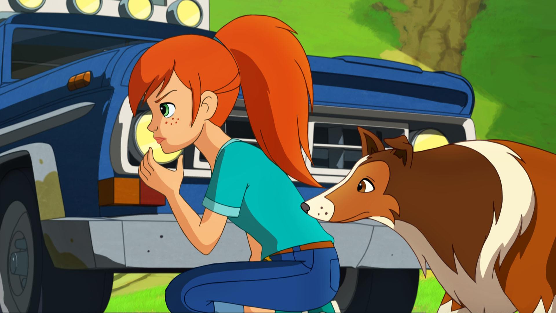 Lassie und Zoé verstecken sich hinter einem Auto und beobachten das Vorgehen.