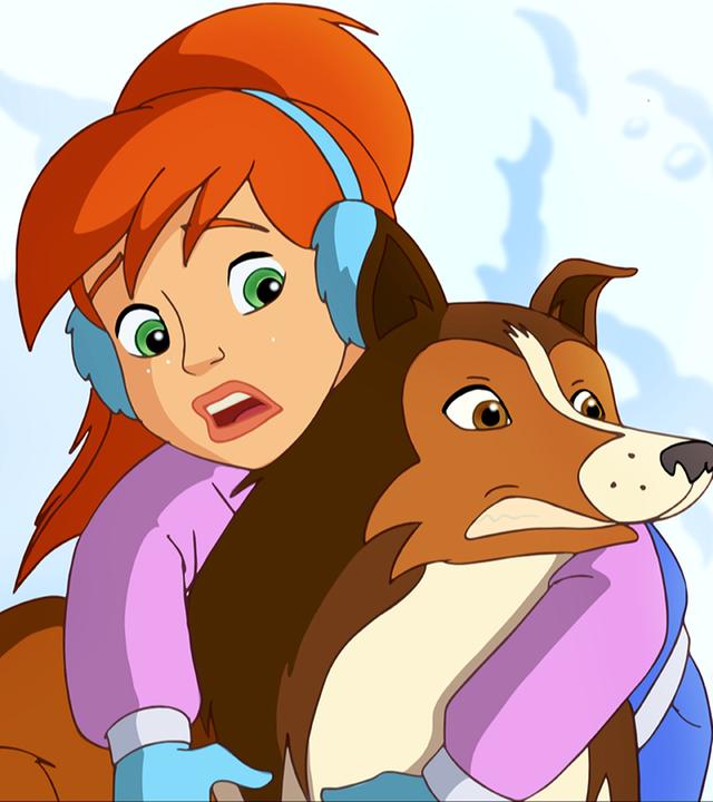 Zoé umklammert Lassie, während hinter ihnen eine Lawine über sie hereinbricht.