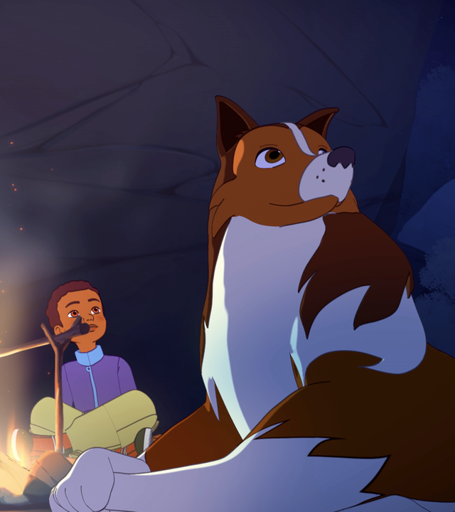 In der Nacht sitzen Zoé, Kim, Harvey und Lassie vor einer Felswand um ein Lagerfeuer herum und schauen nach oben.