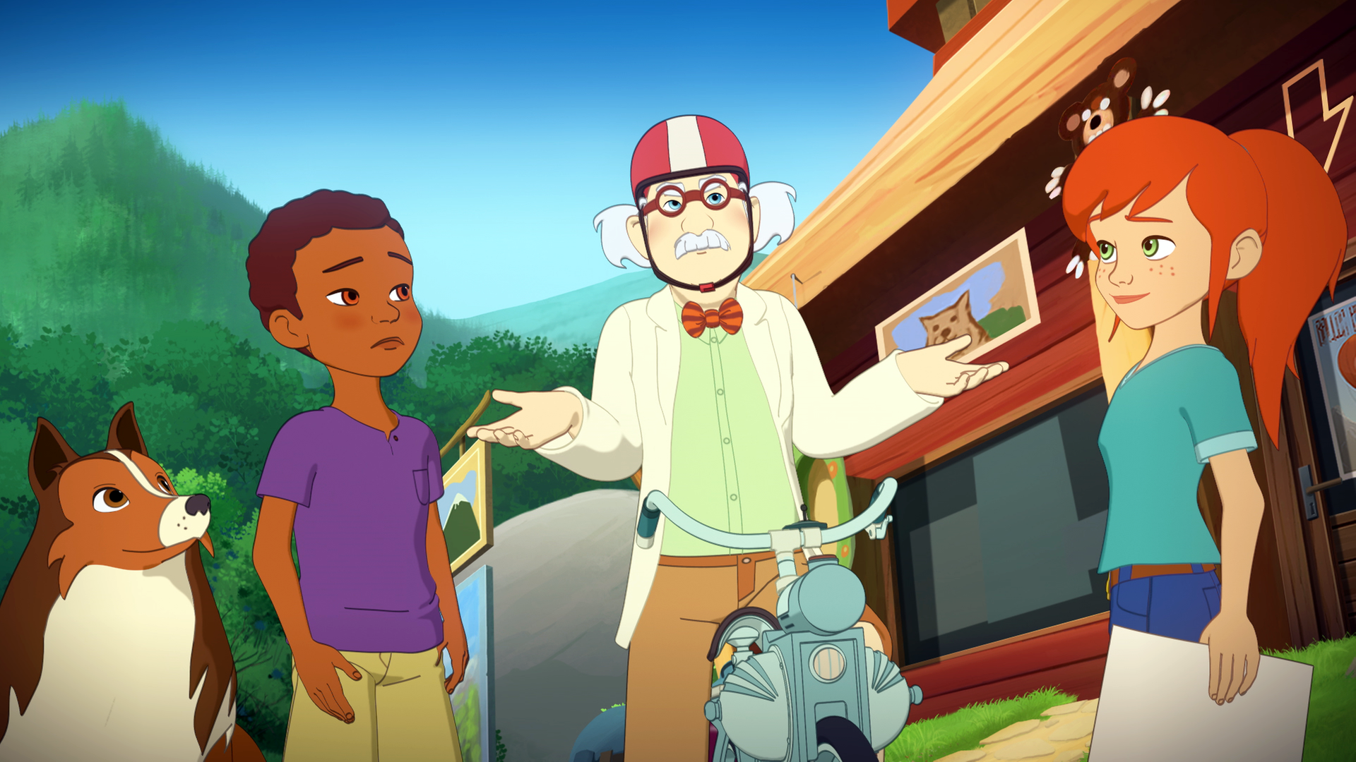 Lassie, Harvey und Zoé stehen um Doctor Dudley herum, der einen Helm trägt und auf einem Moped sitzt.