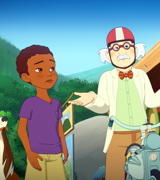 Lassie, Harvey und Zoé stehen um Doctor Dudley herum, der einen Helm trägt und auf einem Moped sitzt.