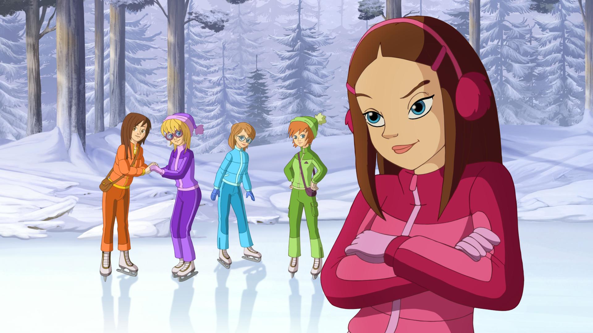 Samantha und die Mädchen stehen mit ihren Schlittschuhen auf dem gefrorenen Smaragdteich.