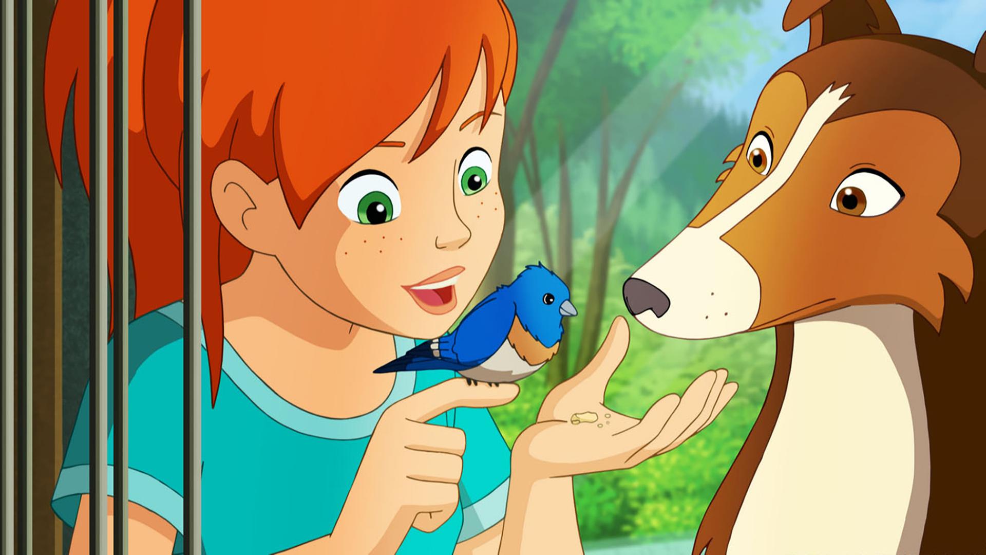 Auf Zoés Finger sitzt ein kleiner Vogel und schaut auf die Krümmel in ihrer anderen Hand. Zoé und Lassie schauen ihn an.