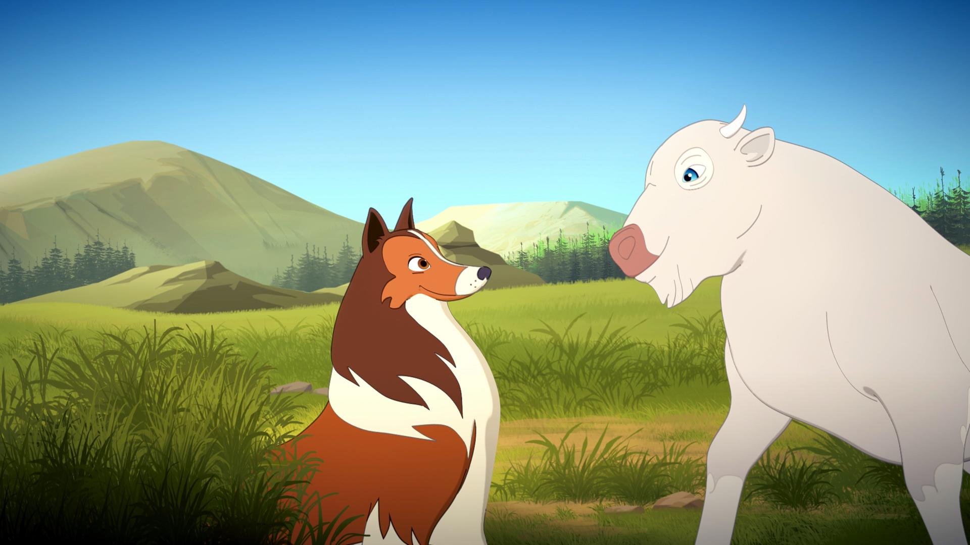 In einer Wiesenlandschaft sitzt Lassie auf dem Boden, das weiße Kalb steht vor ihr. Die beiden schauen sich freundlich an.