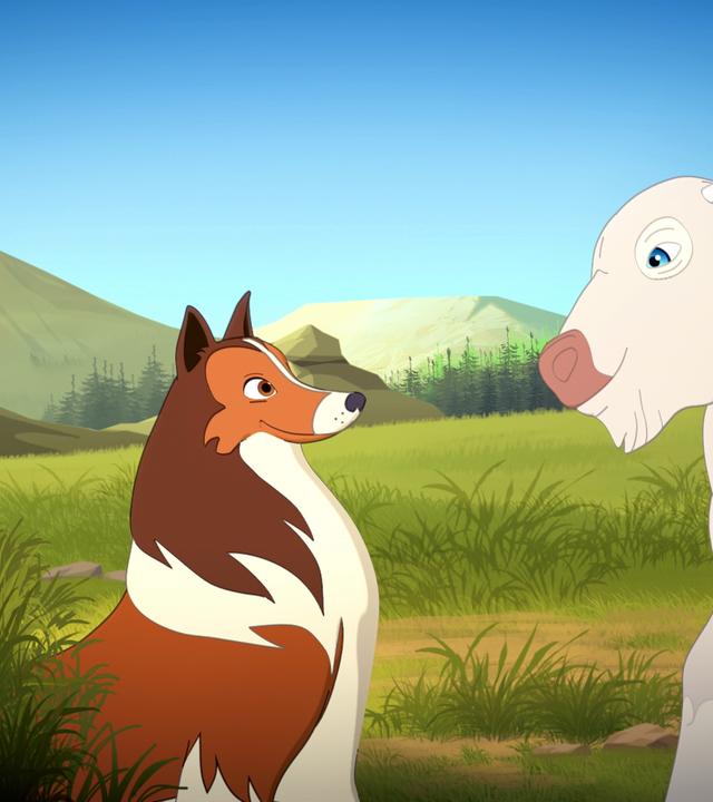 In einer Wiesenlandschaft sitzt Lassie auf dem Boden, das weiße Kalb steht vor ihr. Die beiden schauen sich freundlich an.