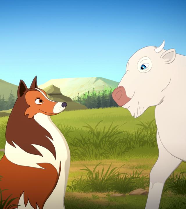 In einer Wiesenlandschaft sitzt Lassie auf dem Boden, das weiße Kalb steht vor ihr. Die beiden schauen sich freundlich an.