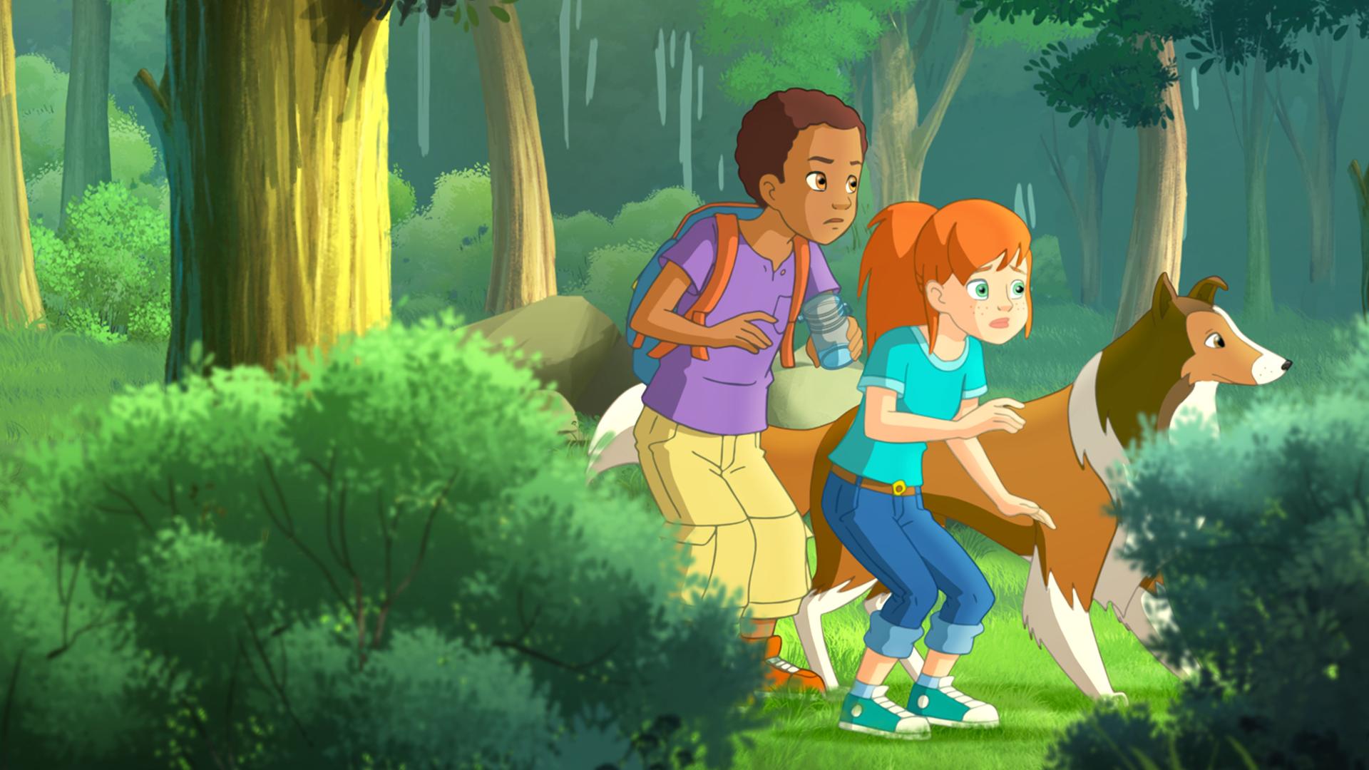 Lassie, Zoé und Harvey verstecken sich in den Büschen und blicken gespannt heraus.