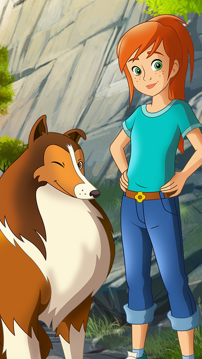 Lassie, Zoe und Harvey auf einem Weg zwischen Bergen