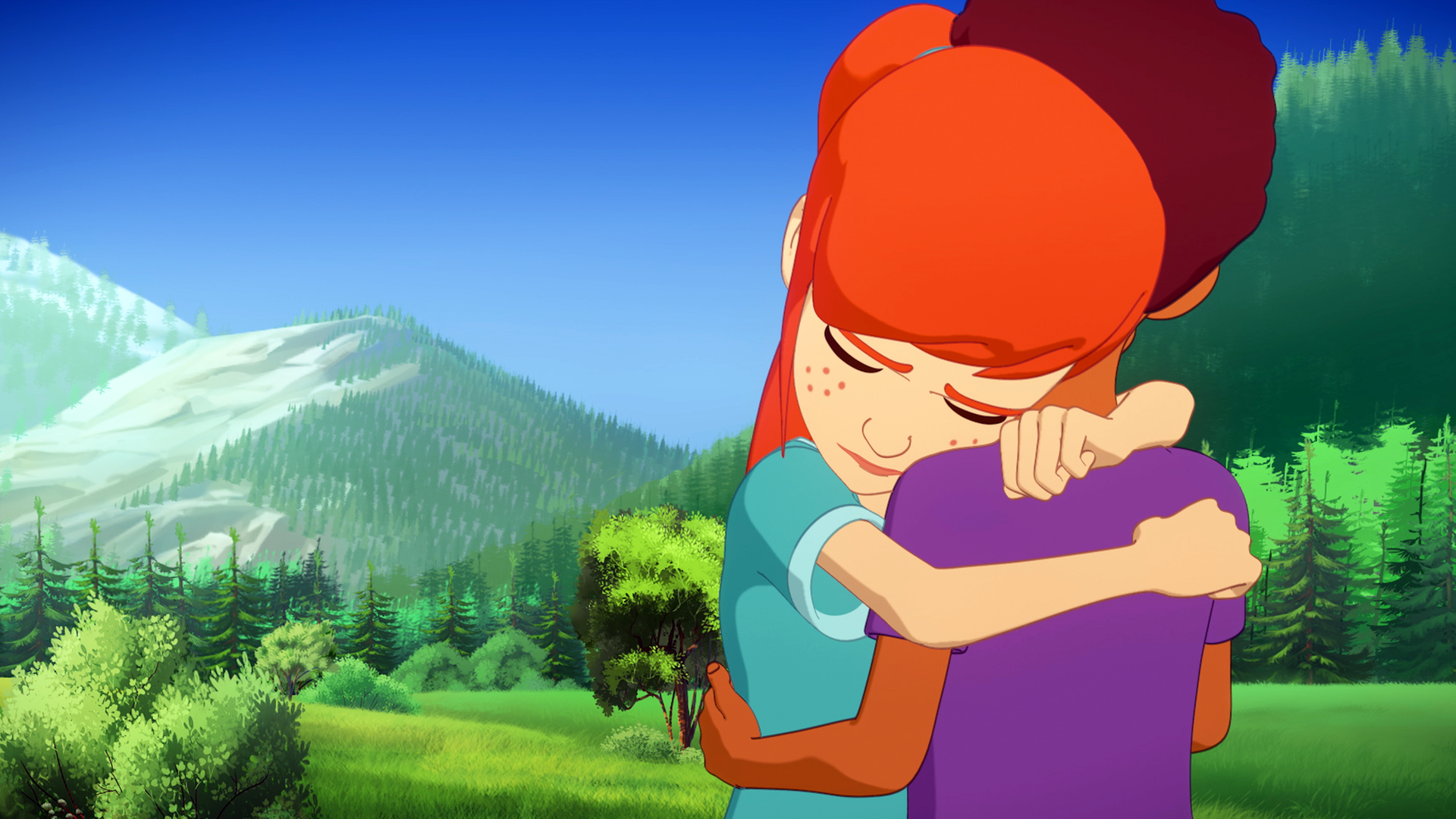 Vor einer Wiesen- und Waldlandschaft umarmen sich Zoé und Harvey.