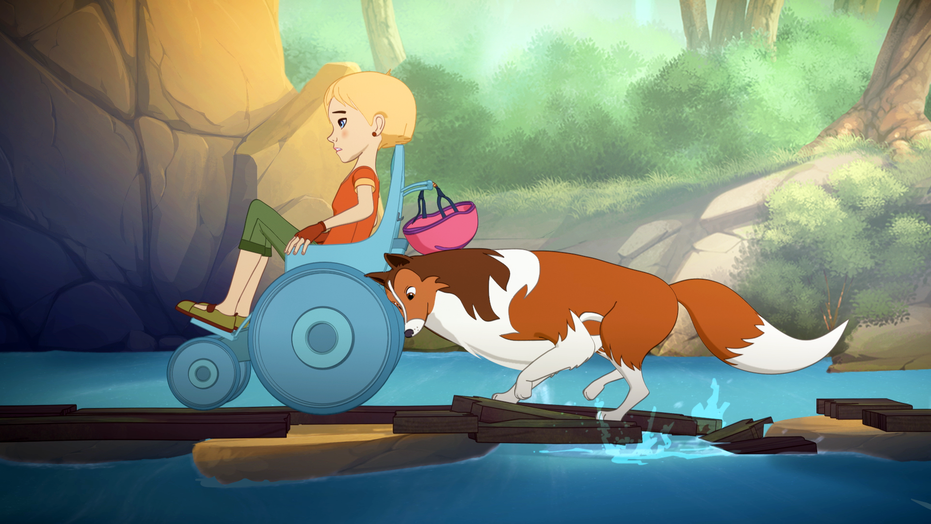 Judith sitzt in ihrem Rollstuhl und fährt auf einer behelfsmäßigen Brücke aus Bohlen über einen Fluß. Von hinten schiebt Lassie den Rollstuhl an.